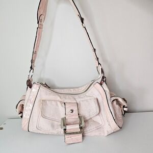 Guess Pink Monogram Shoulder Bag Crocodile Embossed Accents Silver Hardware